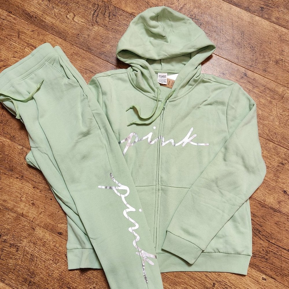 PINK VICTORIA'S SECRET Mint Green Silver Metallic Jogger Set - XXL